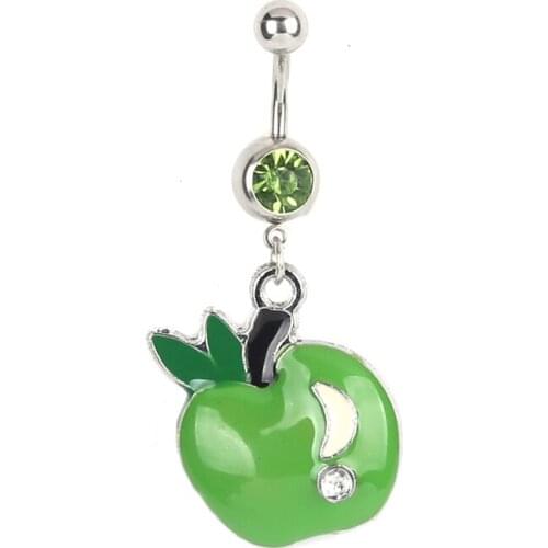Green fruit pendant Belly Bars Belly Button Rings Fashion Surgical Steel Rhinestone Body Jewelry Navel Piercing Rings
