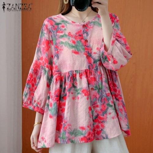 ZANZEA 2021 Women Bohemian Floral Printed Blouse Summer Flower Shirt Casual Loose 3/4 Sleeve Buttons Blusas Vintage Tunic Tops