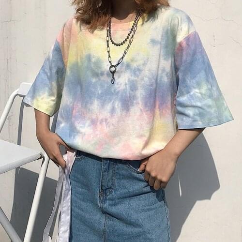 Korean summer Harajuku top tee Hip hop vintage Tie-dye Streetwear dropshipping print BF large size punk vegan loose women tshirt