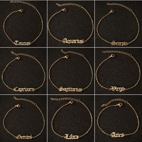 Steel Zodiac Anklets Women Boho Jewelry 12 Zodiac Sign Ankle Bracelet Old English Letter Aries Taurus Gemini Leo Sandale Femme