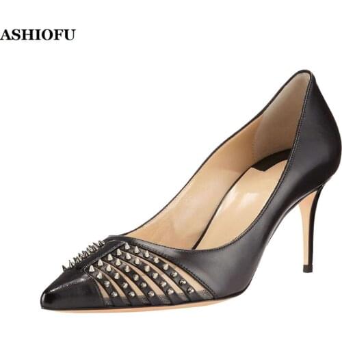 ASHIOFU New Handmade Womens 6cm High Heel Pumps Rivets Spikes Slip-on Party Dress Shoes Evening Club Fashion Pumps Court Shoes