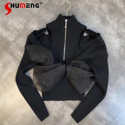 2021 Autumn New Female Off-the-Shoulder Long Sleeve Long Zipper Knitted Top Womens Fashion Streetwear 3D Bow Pullover Sweater