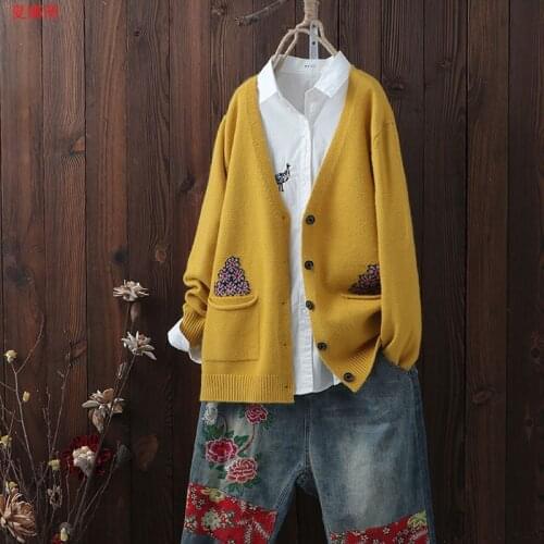 Cardigan Coats Women Autumn Loose Casual Sweater New 2020 Korean Style Vintage V-neck Floral Female Knitted Cardigans P1050