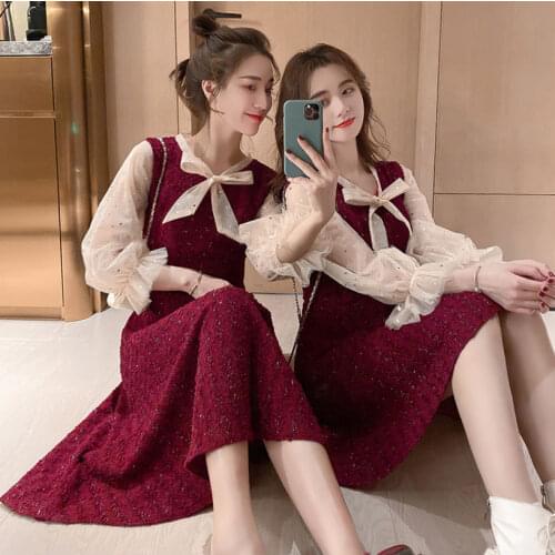 2020 Fall V-neck Bow Dress Mesh Sleeves Woman Dresses Vestido De Mujer Femme Robe