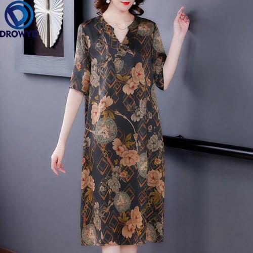 Summer Vintage Casual Floral Real Silk Midi Dresses 2021 Korean Brown Floral Printed Dress Elegant Women Bodycon Party Vestidos