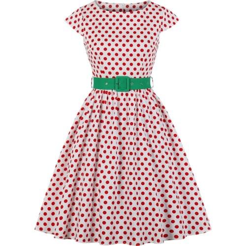 Women Polka Dot Vintage Rockabilly Dress with Green Belt Woman Clothes O Neck A Line Short Sleeve A Line Elegant Pin Up Dresses