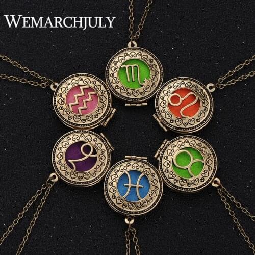12 Constellations Jewelry with Bronze Plated Aries Zodiac Sign Locket Essential Oil Diffuser Aroma Long Necklace for Women
