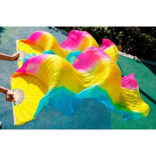2017 hot sale colorful handmade fan dance women belly good quality Bamboo Silk 100% silk long veils fans for Women