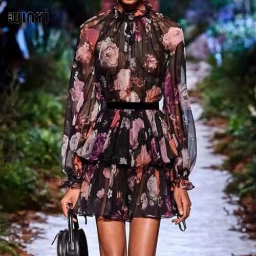 2021 Fashion Runway Summer Long Sleeve Maxi Dress Womens elastic Waist Floral Print Elegant Party Holiday Long Dress