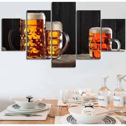 Morden 5 Pcs/Sets Glass Cups of Beer Wall Paintings Art Pictures for Coffee and Bar Decoration Artwork Hot Sale