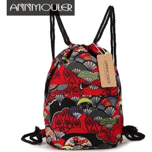 Annmouler Large Capacity Women Backpacks Vintage Drawstring Canvas Rucksack Bohemian Style Hobo Bags Tribal Cotton Daypack