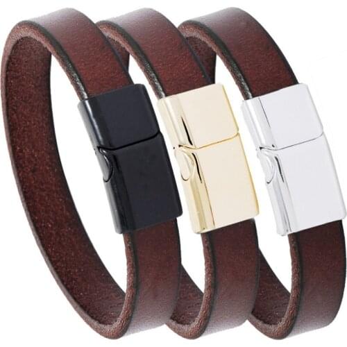 Vintage Retro Simple Genuine Leather Bracelet Wristbands Cuff Casual Men Women Magnetic Button Charm Bangle Punk Fashion Jewelry