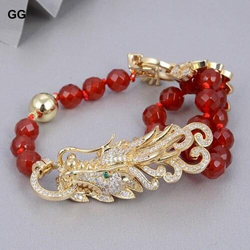 GuaiGuai Jewelry 8mm Round Faceted Red Agates Cz Pave Dragon Connector Bracelet For Women