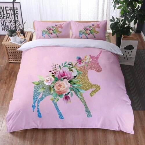 Cartoon 3D Unicorn Childrens Bedding Set King Rose Flower Quilt Cover Girl Home Textile Bedding Set 3 Pieces Full Size