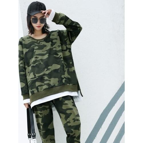 Women Camouflage Jogging Suit Set Girls Camo Cotton Full Tracksuit Large Size Outdoor Sport Green Tops Pants 2 Piece Long Sleeve