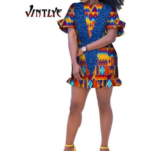 Summer Dresses for African Women Traditional Printed Short Dresses Patchwork Sequins Dashiki Party Clothes Bazin Riche WY7561