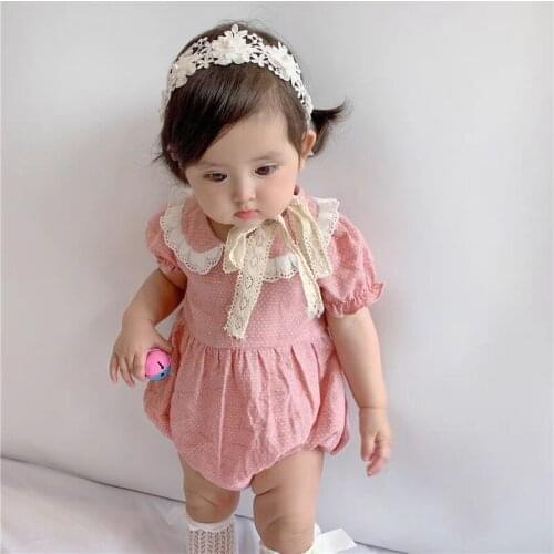 Sweet Baby Girls Polka Dot Lace Romper Clothing Summer Fancy Petal Collar Short Puff Sleeve Princess Jumpsuits Newborn Toddler G