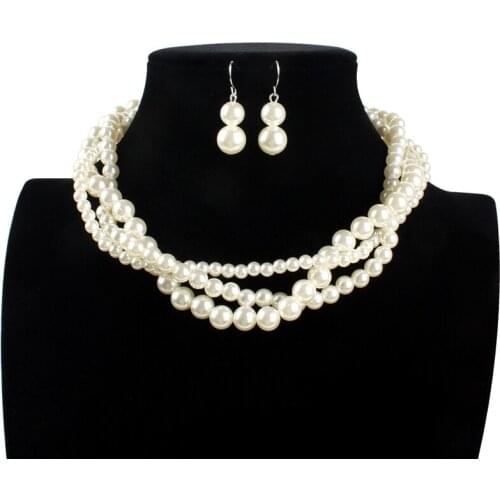 Fashion Imitation Pearl Necklace Earring Set Handmade Beaded Multilayer Pearl Necklace Elegant Collarbone Chain Choker Jewelry