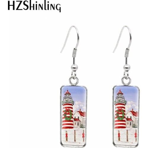 2021 New Christmas Lighthouse Rectangular Earring Vintage Painting Fish Hook Earrings Glass Cabochon Handmade Jewelry