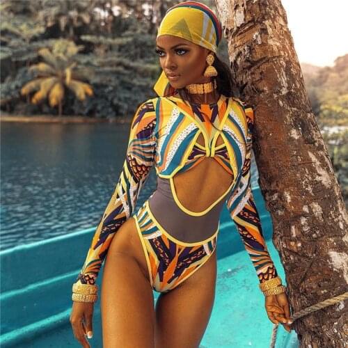 Long Sleeve Swimsuit One piece African Swimwear High Waist Bathing Suit Female 2019 Mesh Bathing Suit For Women Zipper Monokini