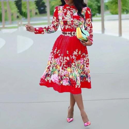 Spring Long Sleeve Women Pleated Floral Print Dress 2020 Elegant Female Plus Size African Office Ladies Vintage Midi Dress Retro