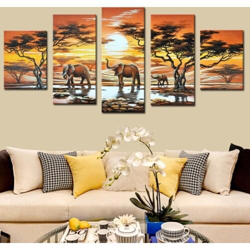 Hand Painted 5 Piece Canvas Art Elephant Live African Modern Abstract Oil Painting Unframed Canvas Artwork for Living Decoration