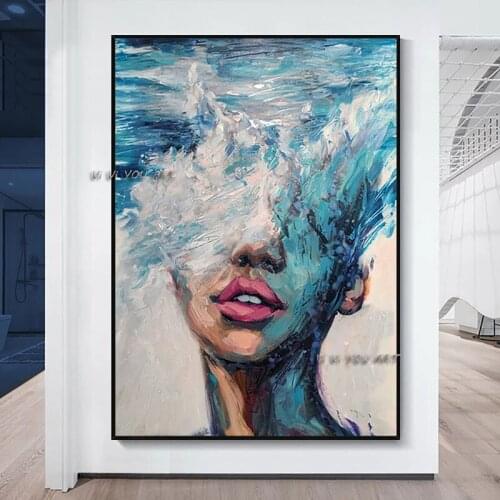 Hand Painted Blue Style Figure Abstract Oil Painting Minimalist Modern On Canvas Wall Art Decorative For Living Room No Frame
