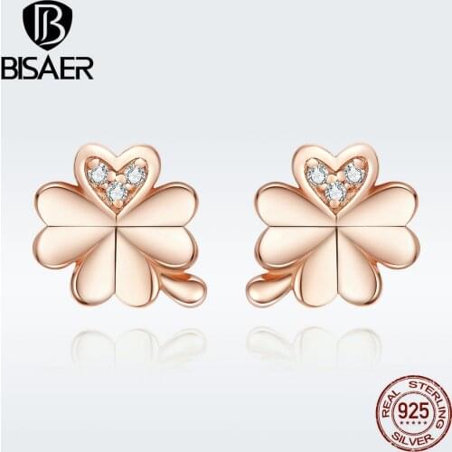 Clover Earrings BISAER 925 Sterling Silver Cubic Zircon Clover Flowers Small Stud Earrings for Women Silver Jewelry EFE233