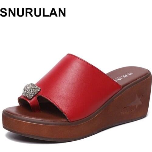 SNURULAN Size33 - 43Summer Women Genuine Leather Platform Shoes Wedges Heels Crystal Slippers Thick Sole Sandals Woman Flip Flop