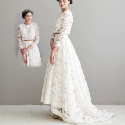 Wedding Dresses Two Piece A line vestido de noiva Casamento 2021 O Neck Long Sleeve White Appliqued Lace s Bridal Gowns