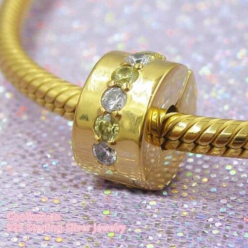 Spring 925 Sterling Silver Shining Clip, Yellow & Clear CZ Charm Beads Fit Original Pandora Charms Bracelet jewelry