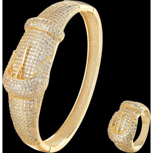 Zlxgirl jewelry Women size gold plated color belt shape bracelet bangle with ring jewelry sets perfect mirco zirconia bangle