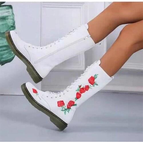 Black White PU Leather Embroidered Mid Calf Womens Boots Autumn Winter Classic Platform Round Toe Long Boots Big Size 35-43