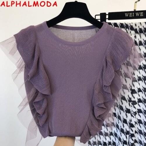 ALPHALMODA Summer New Ruffled Sleeve Womens Sweet Lace Patchwork Knit Sweater Pullovers Slim Solid Ladies Graceful Jumpers