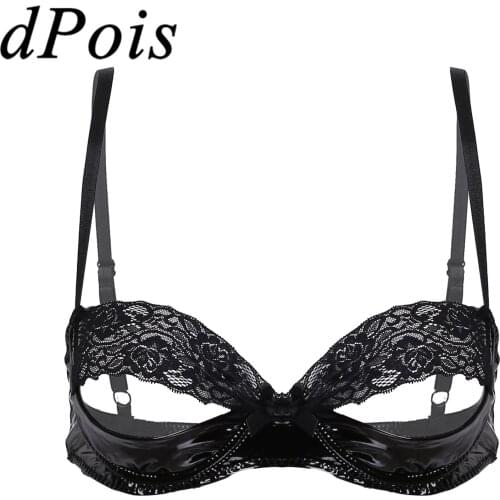 Women Sexy Open Cups Bra Lingerie Lace Splice Patent Leather Unlined Bra Underwear Braltte See Through Bra Tops Feemme Sleepwear