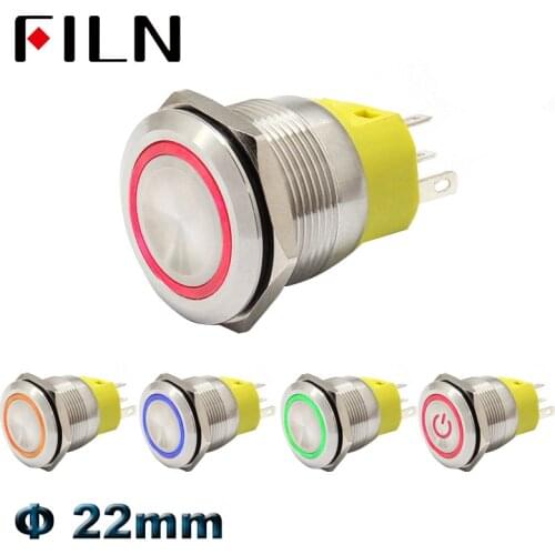 22mm 12v 24v bi-color tri-color led metal push button switch on off momentary latching switch waterproof with led 3v 110v 220v