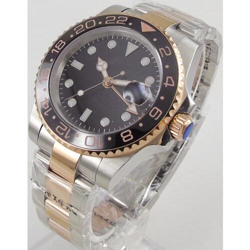 40MM Black bezel Brand Root Beer Rose Gold Automatic Men Watch Sapphire Glass GMT Hand Date Window Mental Strap Ceramic Bezel