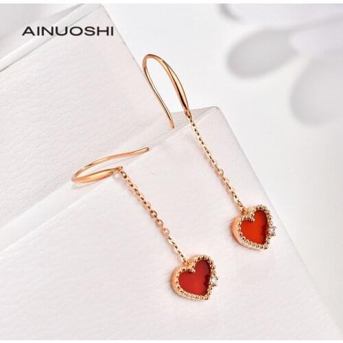 AINUOSHI 18K Gold Heart-shape Natural Red Agate Side Set With 0.03ct Natural Diamond Fine Hook Earrings For Women Wedding Gift