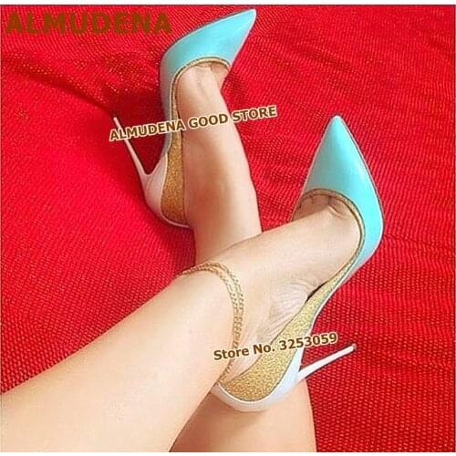 ALMUDENA Gold Sequined High Heel Shoes Bling Bling Patchwork Wedding Shoes Turquoise Pink Heels Pointy Toe Slip-on Pumps Size 45