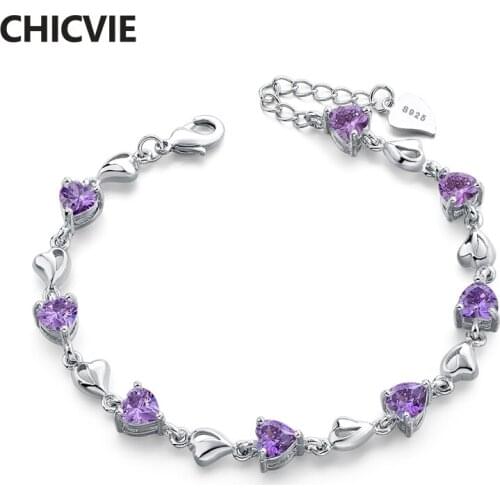 CHICVIE New S925 Purple Heart Crystal Bracelets&Bangles For Women Charm Snap Button Jewelry Making Bracelets SBR190134