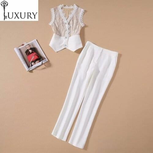 Pant High 2020 Quality Summer Suits Women V-Neck Lace Patchwork Vest Tops Coat+Skinny Pants & Capris Sets Female Two Piece
