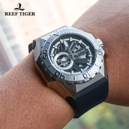 Reef Tiger/RT Rubber Strap Men Sports Watches Steel Skeleton Automatic Mechanical Watches Waterproof Dive Clock