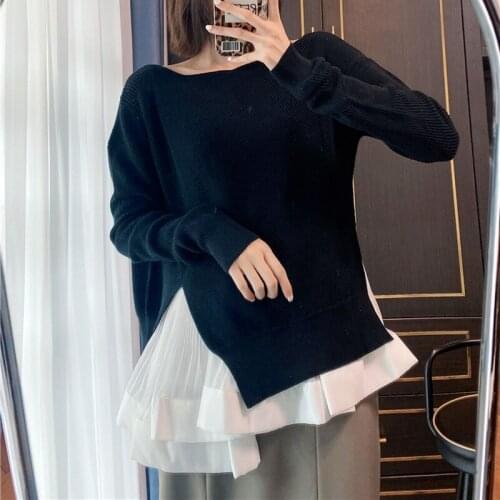Mesh Patchwork Elegant Fall Pullovers Women Fashion O-neck Long Sleeve Autumn Sweater 2021 New Office Lady Chic Knitted Tops