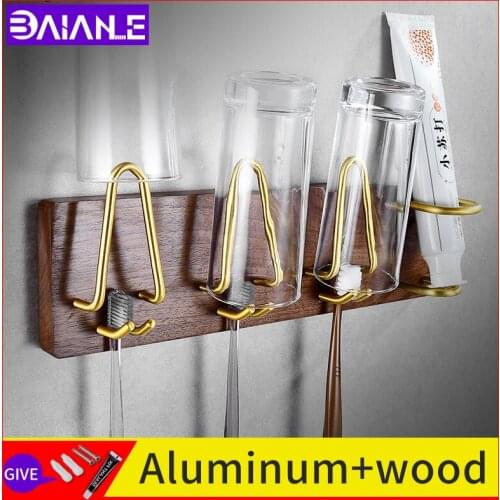 Walnut solid bathroom toothbrush holder wall mounted shower screw free installation waterproof gold wooden double cup holder