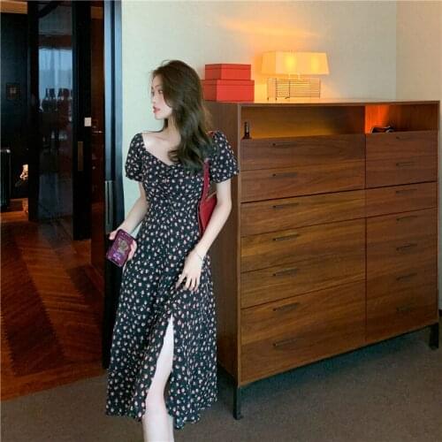 Summer Beach Maxi Dress Women Floral Print Boho Long Chiffon Dress Casual Square collar Split Sexy Party Dress Robe