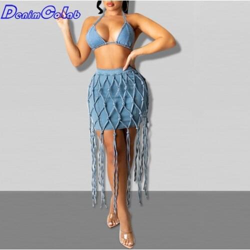 DenimColab Summer Fashion Denim Suit Women Sexy Hollow Out Woven Mesh Patchwork Stretch Nightclub Skirts Ladies Beach Bar Tops