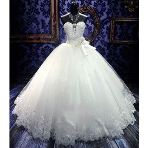 Sweetheart Crystal Beads Wedding Dress 2020 New Fashion Korean Plus Sizes Puffy Bride Married Dress Lace Floor Length Vestidos