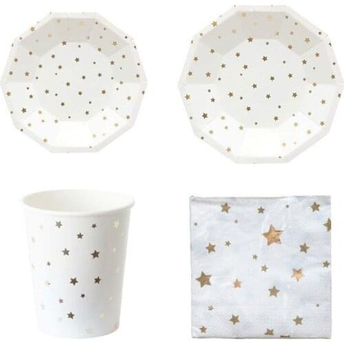 Golden Silver Star Disposable Tableware Set Paper Cup Cake Plates Table Decoration Wedding Birthday Party Supplies 44pc/set