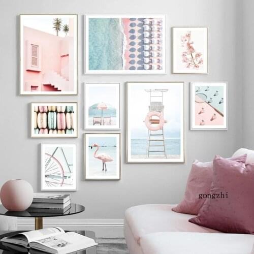 Pink Flamingo Blue Sea Beach Macaron Bicycle Nordic Posters Canvas Painting and Prints Wall Art Pictures for Living Room Decor