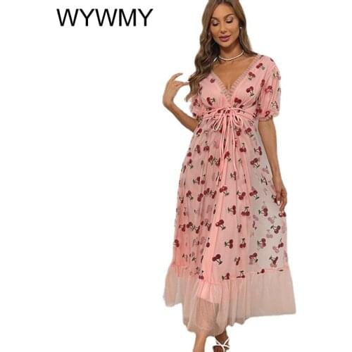 WYWMY Strawberry Summer Women Dresses Fashion Deep V Neck Puff Sleeve Sweet Mesh Sequins Embroidery French Party Dress Vestidos